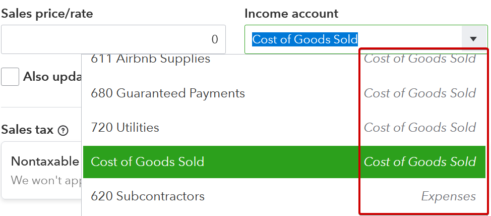 Cost of Goods Sold account set as the Income account in a Product/Service